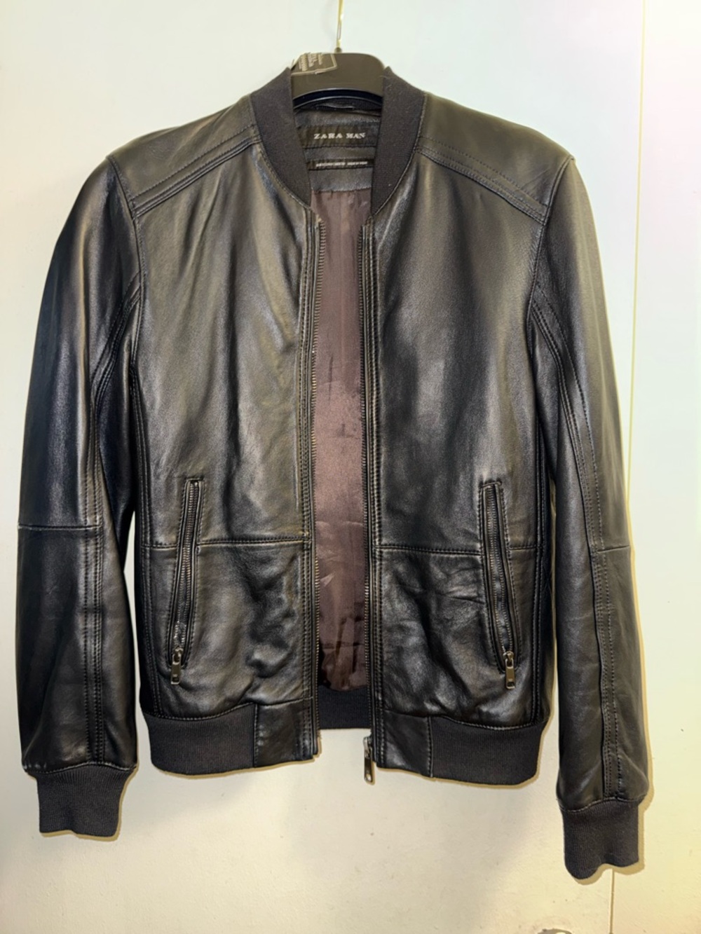 Zara Black Leather Bomber with Ribbed Trim